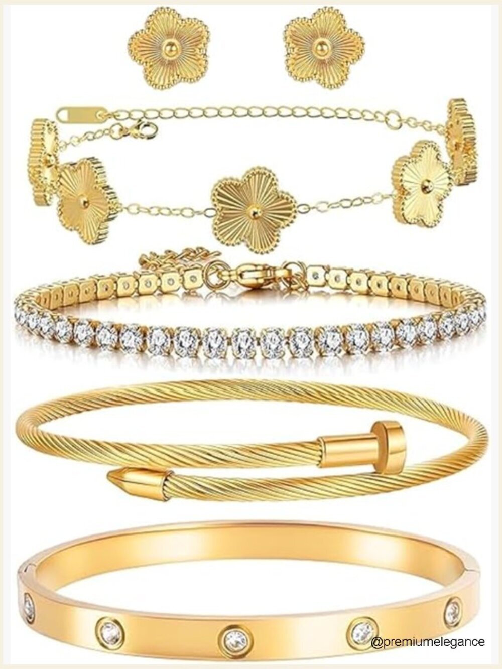 5 Pcs Gold Plated Bracelet Earring Set Adjustable Stackable Jewelry Gift